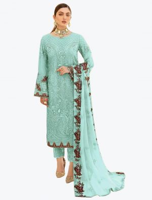 Light Cyan Embroidered Faux Georgette Designer Pakistani Suit small FABSL20797