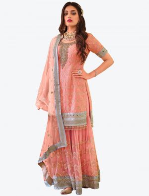 Light Salmon Faux Georgette Designer Sharara Suit with Dupatta small FABSL20766