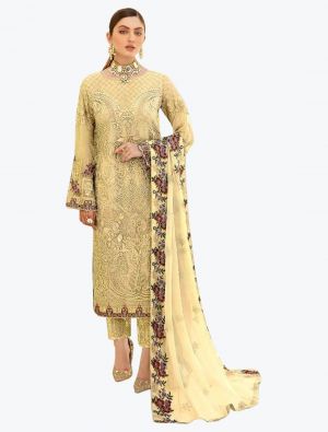 Pastel Yellow Embroidered Faux Georgette Designer Pakistani Suit small FABSL20793