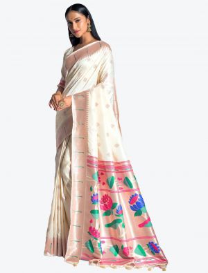Pearl White Woven Paithani Banarasi Soft Silk Designer Saree small FABSA21522