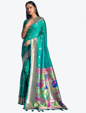 Rama Green Woven Paithani Banarasi Soft Silk Designer Saree small FABSA21526