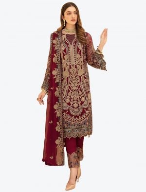 Rich Maroon Faux Georgette Designer Pakistani Suit with Dupatta thumbnail FABSL20750