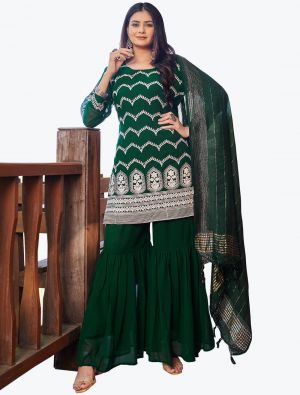 Bottle Green Embroidered Faux Georgette Party Wear Sharara Suit small FABSL20852