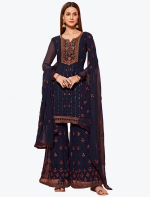 Dark Blue Pure Georgette Party Wear Designer Sharara Suit small FABSL20856