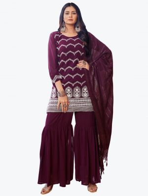 Deep Wine Embroidered Faux Georgette Party Wear Sharara Suit small FABSL20853
