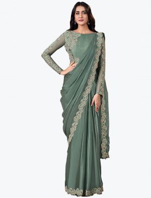 Greyish Green Satin Silk Premium Party Wear Designer Saree small FABSA21590