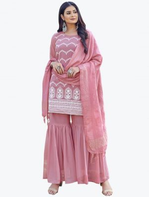 Light Pink Embroidered Faux Georgette Party Wear Sharara Suit small FABSL20851