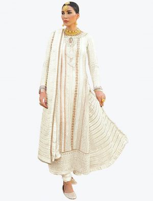 Off White Faux Georgette Pakistani Style Churidar Suit small FABSL20822