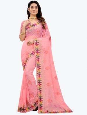 Peachy Pink Embroidered Premium Georgette Designer Saree small FABSA21610
