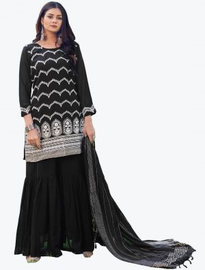 Pure Black Embroidered Faux Georgette Party Wear Sharara Suit small FABSL20854