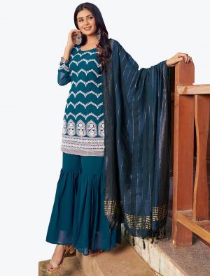 Teal Blue Embroidered Faux Georgette Party Wear Sharara Suit small FABSL20850