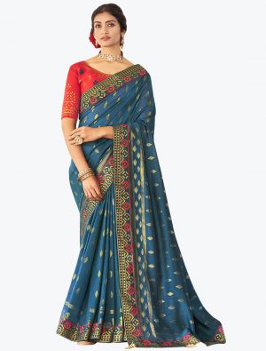 Teal Blue Fancy Vichitra Silk Festive Wear Designer Saree small FABSA21571
