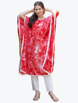 bright red rayon slub tie dye print long kaftan fabku20549