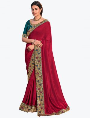 Crimson Red Premium Vichitra Silk Party Wear Designer Saree small FABSA21675