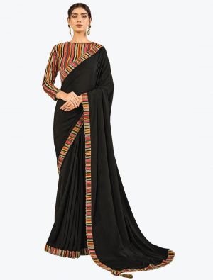 Jet Black Satin Silk Party Wear Fancy Designer Saree small FABSA21635