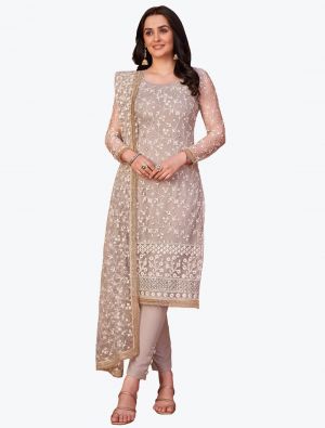 Light Grey Mono Net Party Wear Designer Straight Suit small FABSL20921