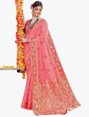 Peachy Pink Woven Cotton Festive Wear Designer Saree FABSA21685