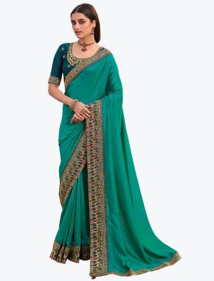 Rama Green Premium Vichitra Silk Party Wear Designer Saree swatch FABSA21680