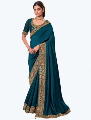 Teal Blue Premium Vichitra Silk Party Wear Designer Saree small FABSA21676