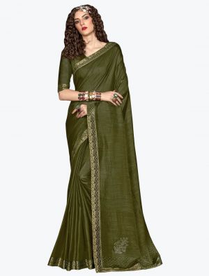 Mehendi Green Soft Vichitra Silk Party Wear Designer Saree small FABSA21725