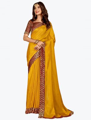 Mustard Yellow Soft Vichitra Silk Party Wear Designer Saree small FABSA21719