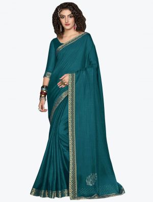 Teal Soft Vichitra Silk Party Wear Designer Saree small FABSA21722
