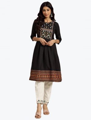 black poly cotton thread embroidered kurti with white trousers fabku20581