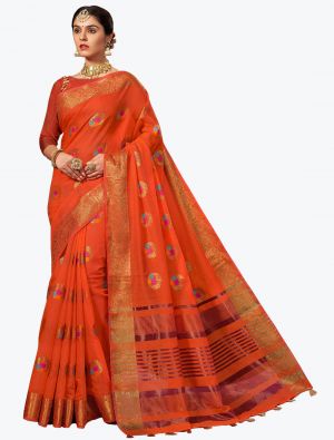 Orange Chanderi Cotton Woven Designer Saree small FABSA21762