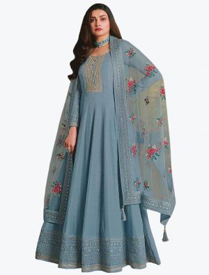 Pastel Blue Dola Silk Embroidered Designer Anarkali Suit small FABSL20989