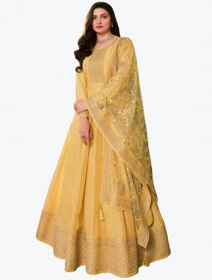 Pastel Yellow Dola Silk Embroidered Designer Anarkali Suit small FABSL20990