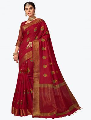 Red Chanderi Cotton Woven Designer Saree small FABSA21765