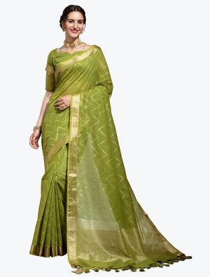 Mehendi Green Premium Linen Leheriya Designer Saree small FABSA21807