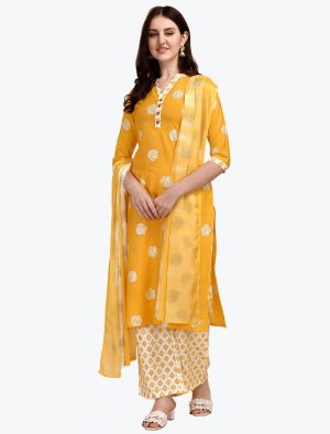 Warm Yellow Chanderi Readymade Palazzo Suit with Dupatta FABSL21038