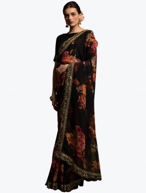 Black Georgette Printed Saree With Sequence Embroidery Work small FABSA21826