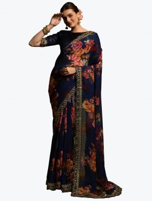 Blue Georgette Printed Saree With Sequence Embroidery Work small FABSA21830