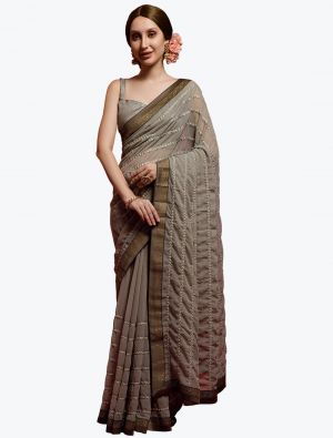 Navy Blue Mirror Embroidered Party Wear Georgette Saree small FABSA21835