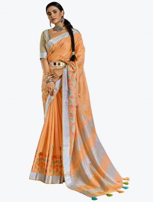 Light Orange Linen Resham Embroidered Party Wear Saree small FABSA21825