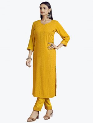mustard fine rayon embroidered long kurti with palazzo pants fabku20616