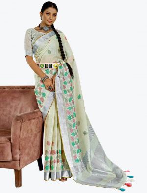 Off White Linen Resham Embroidered Party Wear Saree small FABSA21820