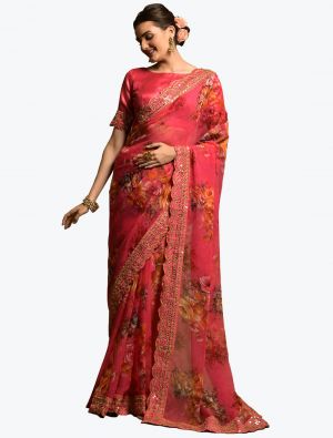 Peach Georgette Printed Saree With Sequence Embroidery Work small FABSA21828