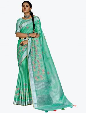 Sea Green Linen Resham Embroidered Party Wear Saree small FABSA21819