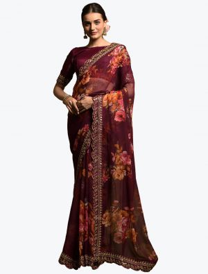 Wine Georgette Printed Saree With Sequence Embroidery Work small FABSA21827