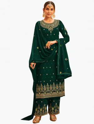 Bottle Green Faux Georgette Embroidered Designer Palazzo Suit thumbnail FABSL21092