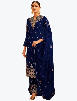 Navy Blue Faux Georgette Embroidered Designer Palazzo Suit small FABSL21090