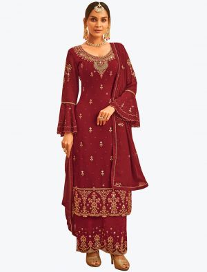 Rich Maroon Faux Georgette Embroidered Designer Palazzo Suit small FABSL21091