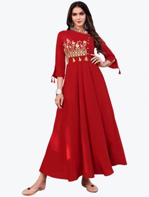 rich red fine rayon embroidered long indo western kurti fabku20628