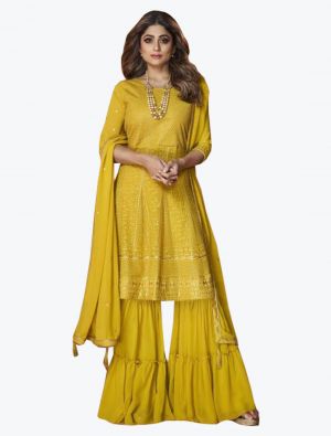 Sunny Yellow Georgette Embroidered Sharara Suit small FABSL21139