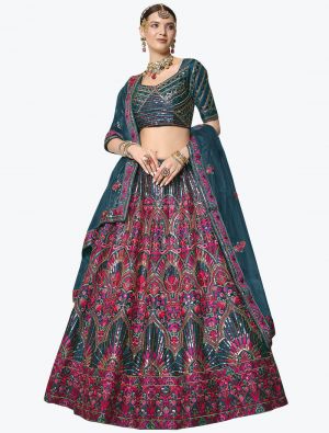 Teal Blue Embroidered Silk Exclusive Designer Lehenga Choli small FABLE20339