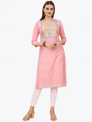 baby pink premium cotton embroidered kurti fabku20658