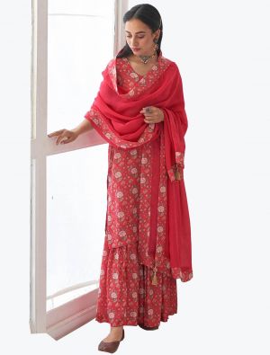 Light Red Muslin Floral Printed Readymade Sharara Suit FABSL21175